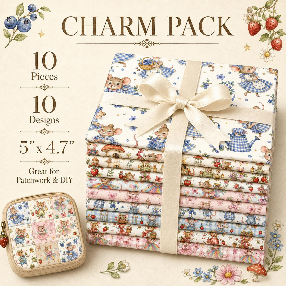 10pcs Charm Pack Set Mouse Mushroom Vintage Style Pattern Handmade DIY with Rich Color and Texture Elements 100% Polyester Patchwork in 10 Design Styles Suitable for Patchwork DIY Craft Projects DIY Wallet Making Gift Giving Bag Making Mother's Day Gift