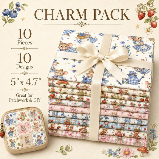10pcs Charm Pack Set Mouse Mushroom Vintage Style Pattern Handmade DIY with Rich Color and Texture Elements 100% Polyester Patchwork in 10 Design Styles Suitable for Patchwork DIY Craft Projects DIY Wallet Making Gift Giving Bag Making Mother's Day Gift
