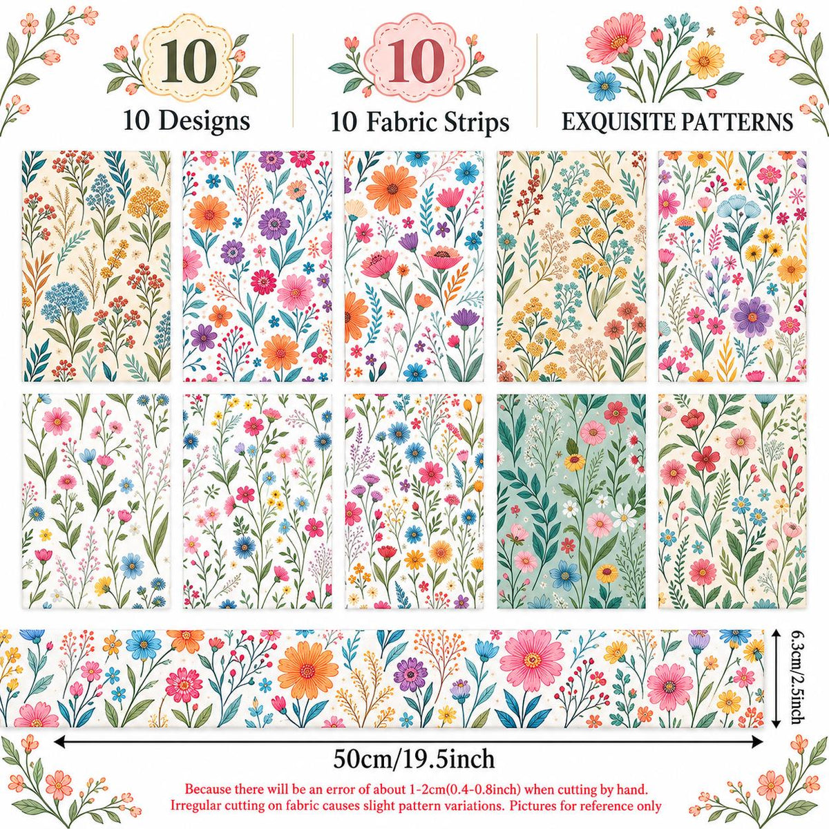 10pcs Vintage Floral Pattern Jelly Roll Fabric Strips 2.5X19.7inch Pre-Cut 100% Polyester For Patchwork Quilts, Table Runners, Placemats, Tote Bags, Storage Pouches, Makeup Bags, Coasters, Quilt Blocks & Binding