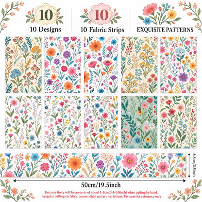 10pcs Vintage Floral Pattern Jelly Roll Fabric Strips 2.5X19.7inch Pre-Cut 100% Polyester For Patchwork Quilts, Table Runners, Placemats, Tote Bags, Storage Pouches, Makeup Bags, Coasters, Quilt Blocks & Binding