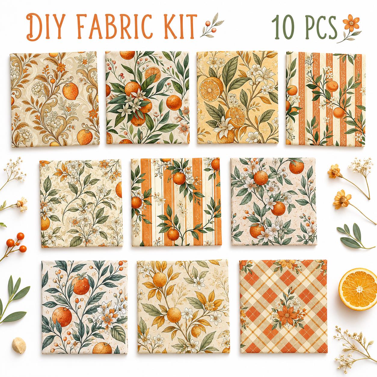 10Pc/Set Fruit Orange Series Flower Fat Quarter Fabric, Pre-Cut Square Fabric Assort, Fabric Set, Craft Fabric, Handmade DIY Patchwork Fabric,Home Quilting Sewing Fabric, Packaging Fabric, Scrapbooking Craft Hobbyist
