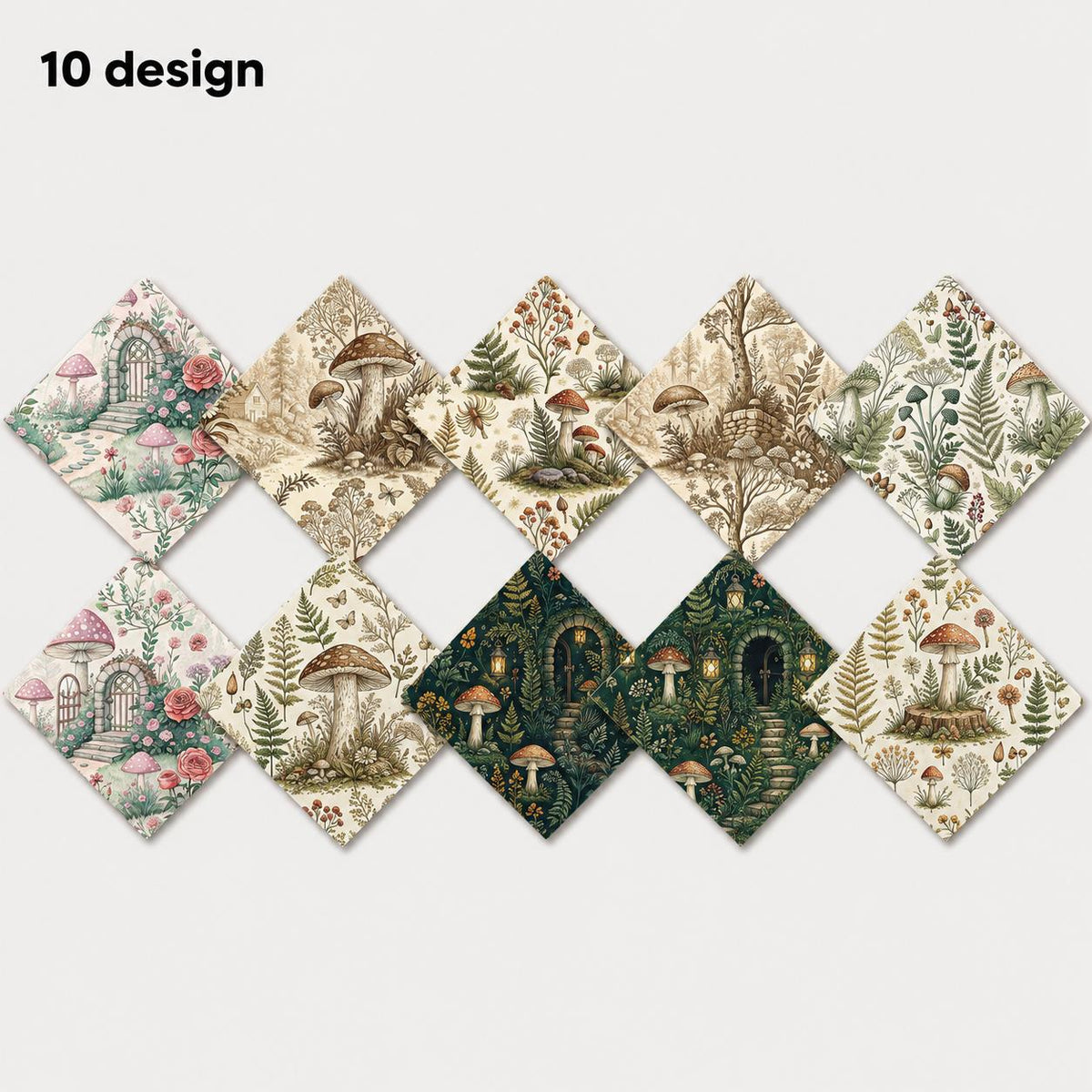 10pcs Charm Pack Set Mushroom Pattern 100% Polyester Patchwork in 10 Design Styles, Ready-to-Sew Without Cutting, Suitable For Patchwork Wallet Making Gift Giving Tote Bags Coasters DIY Craft Projects