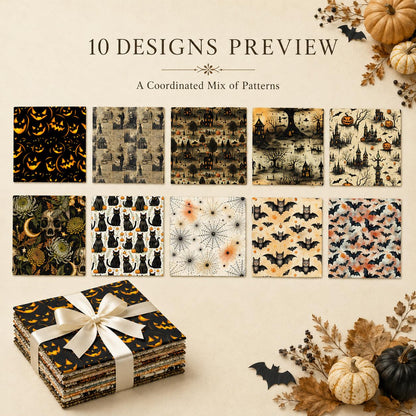10Pc/Set Halloween Skull Cat Bat Spider Web Witch Pumpkin Series Fat Quarter Fabric, Pre-Cut Square Fabric Assort, Fabric Set, Craft Fabric, Handmade DIY Patchwork Fabric,Home Quilting Sewing Fabric, Packaging Fabric, Scrapbooking Craft Hobbyist