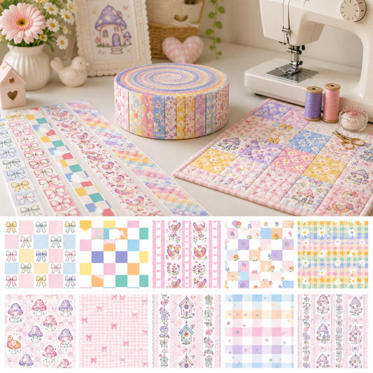 10pcs Vintage Mushroom Plaid Theme Jelly Roll Fabric Strips 2.5X19.7inch Pre-Cut 100% Polyester For Patchwork Quilts, Table Runners, Placemats, Tote Bags, Storage Pouches, Makeup Bags, Coasters, Quilt Blocks & Binding