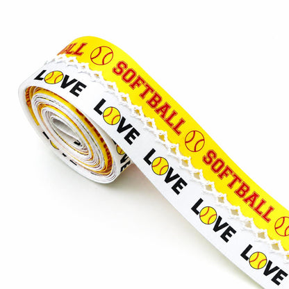 5 Yards Sport Series Ribbon Adorned with Softball Pattern, Width 32mm/1.26-Inch, Two Ribbon Equipped with White Yellow Center Hook Edge, Ideal for Showcasing Jewelry And Wrapping Gifts, Creating Bows, Holiday Decorations