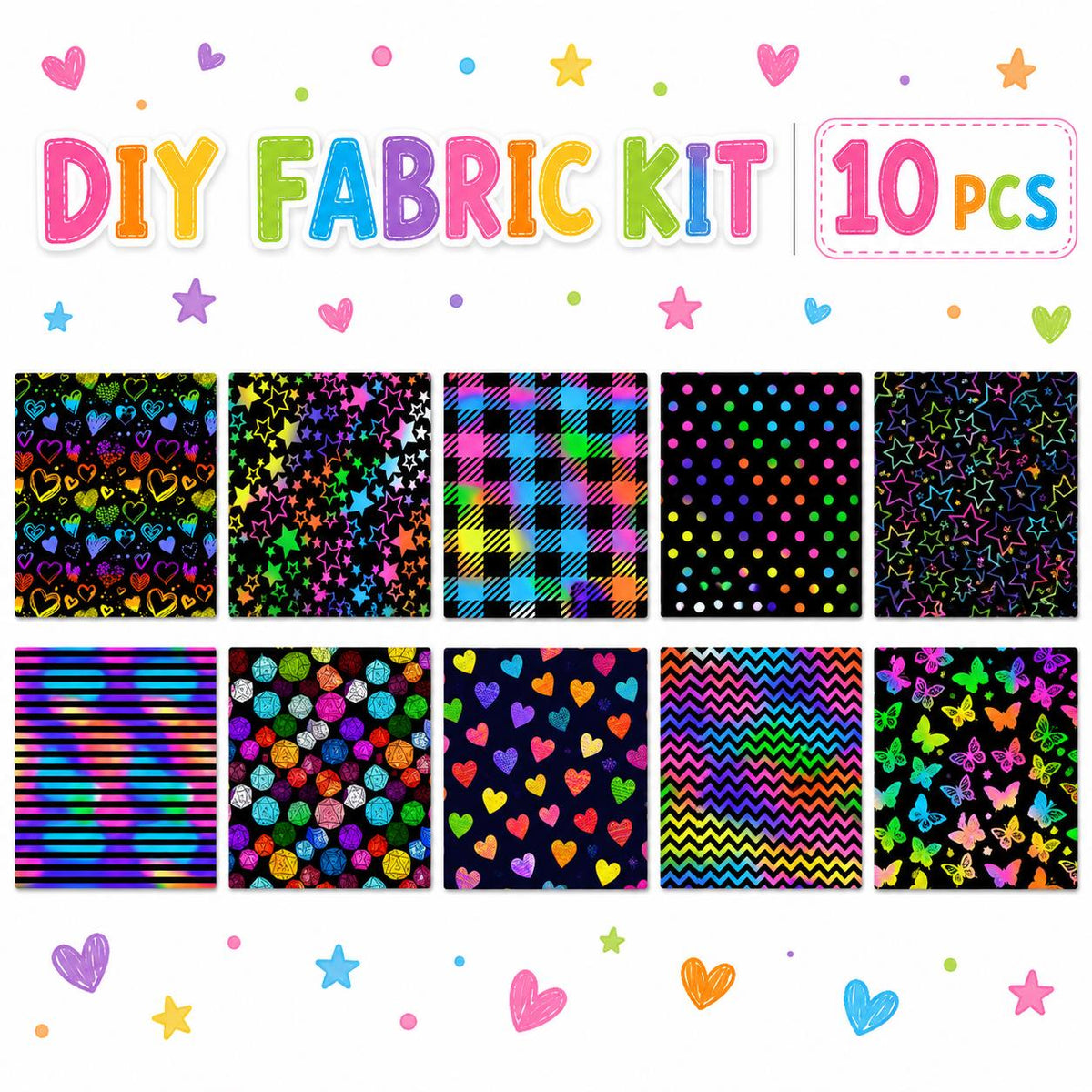 10Pc/Set Black SerieS Stripe Butterfly Dot Plaid Star Valentine's Day Fat Quarter Fabric, Pre-Cut Square Fabric Assort, Fabric Set, Craft Fabric, Handmade DIY Patchwork Fabric,Home Quilting Sewing Fabric, Packaging Fabric, Scrapbooking Craft Hobbyist