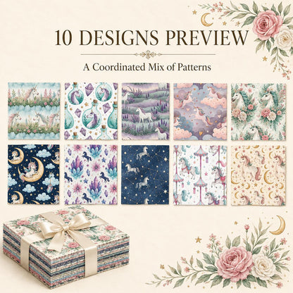 10Pc/Set Unicorn Series Flower Moon Lavender Fat Quarter Fabric, Pre-Cut Square Fabric Assort, Fabric Set, Craft Fabric, Handmade DIY Patchwork Fabric,Home Quilting Sewing Fabric, Packaging Fabric, Scrapbooking Craft Hobbyist