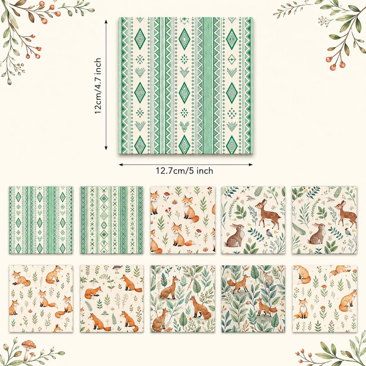 10pcs Charm Pack Set Geometric Fox Grass Pattern Vintage Style Handmade DIY with Rich Color and Texture Elements 100% Polyester Patchwork in 10 Design Styles Suitable for Patchwork DIY Craft Projects DIY Wallet Making Gift Giving Bag Making Mother's Day G