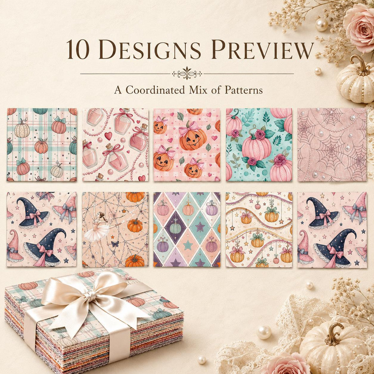 10pcs Charm Pack Set Spider Pumpkin Halloween Theme Vintage Style Pattern Handmade DIY with Rich Color and Texture Elements 100% Polyester Patchwork in 10 Design Styles Suitable for Patchwork DIY Craft Projects DIY Wallet Making Gift Giving Bag Making