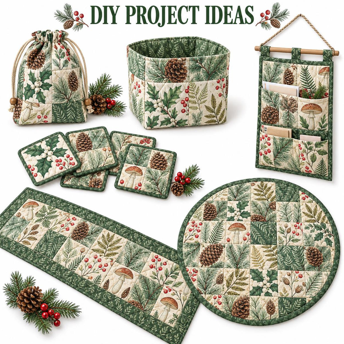10Pc/Set Christmas Series Tree Mushroom Holly Pinecones Fat Quarter Fabric, Pre-Cut Square Fabric Assort, Fabric Set, Craft Fabric, Handmade DIY Patchwork Fabric,Home Quilting Sewing Fabric, Packaging Fabric, Scrapbooking Craft Hobbyist