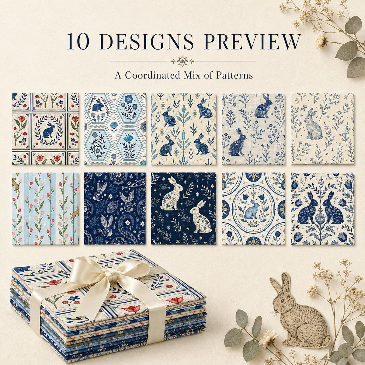 10pcs Charm Pack Set Floral Rabbit Vintage Style Pattern Handmade DIY with Rich Color and Texture Elements 100% Polyester Patchwork in 10 Design Styles Suitable for Patchwork DIY Craft Projects DIY Wallet Making Gift Giving Bag Making Mother's Day Gift
