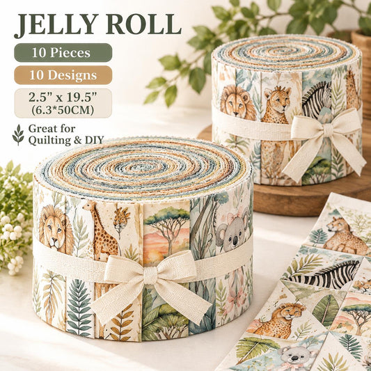 10pcs Vintage Animal Koala Lion Panther Giraffe Theme Jelly Roll Fabric Strips 2.5X19.7inch Pre-Cut 100% Polyester For Patchwork Quilts, Table Runners, Placemats, Tote Bags, Storage Pouches, Makeup Bags, Coasters, Quilt Blocks & Binding