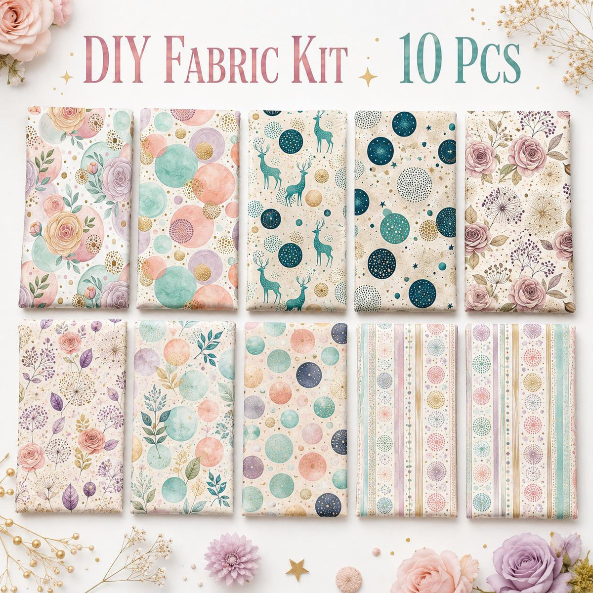10Pc/Set Flower Dot Series Stripe Fat Quarter Fabric, Pre-Cut Square Fabric Assort, Fabric Set, Craft Fabric, Handmade DIY Patchwork Fabric,Home Quilting Sewing Fabric, Packaging Fabric, Scrapbooking Craft Hobbyist