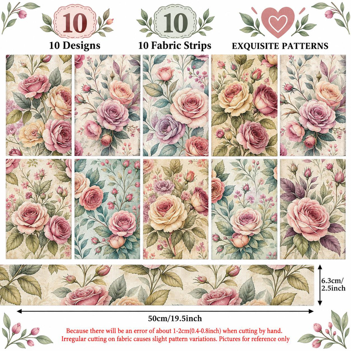 10pcs Vintage Floral Pattern Jelly Roll Fabric Strips 2.5X19.7inch Pre-Cut 100% Polyester For Patchwork Quilts, Table Runners, Placemats, Tote Bags, Storage Pouches, Makeup Bags, Coasters, Quilt Blocks & Binding
