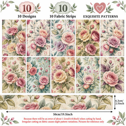 10pcs Vintage Floral Pattern Jelly Roll Fabric Strips 2.5X19.7inch Pre-Cut 100% Polyester For Patchwork Quilts, Table Runners, Placemats, Tote Bags, Storage Pouches, Makeup Bags, Coasters, Quilt Blocks & Binding