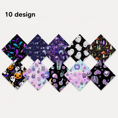 10Pc/Set Halloween Series Butterfly Heart Skull Pumpkin Cat Mushroom Rose Bat Fat Quarter Fabric, Pre-Cut Square Fabric Assort, Fabric Set, Craft Fabric, Handmade DIY Patchwork Fabric,Home Quilting Sewing Fabric, Packaging Fabric, Scrapbooking Craft Hobby