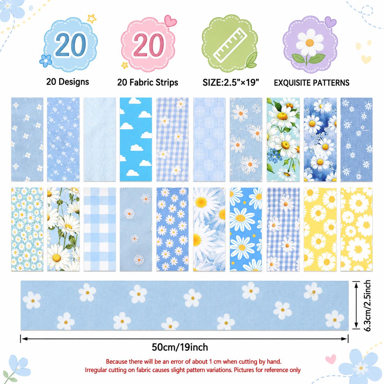 20pcs Vintage Daisy Floral Blue Series Jelly Roll Sliced Fabric Strips 2.5X19.7inch Fresh and Delicate Printed Pre-cut Multi-Color 100% Polyester for DIY Handmade Patchwork, Table Runners, Placemats, Tote Bags, Storage Pouches, Makeup Bags, Coasters