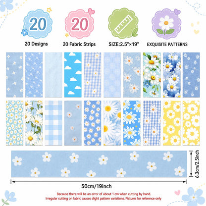 20pcs Vintage Daisy Floral Blue Series Jelly Roll Sliced Fabric Strips 2.5X19.7inch Fresh and Delicate Printed Pre-cut Multi-Color 100% Polyester for DIY Handmade Patchwork, Table Runners, Placemats, Tote Bags, Storage Pouches, Makeup Bags, Coasters