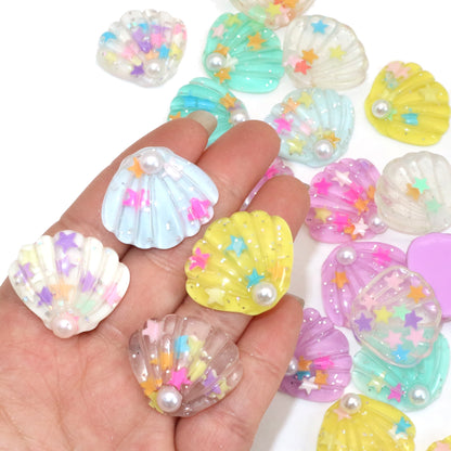 5Pcs Sequin Star Shell With Pearl Resin Charms with Flatbacks - Ideal for DIY Crafts, Jewelry, Phone Cases, Hair Accessories, Cups, Nail Art, and Stationery Decorations