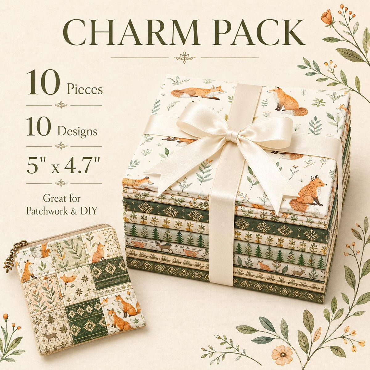 10pcs Charm Pack Set Floral Fox Pattern Vintage Style Handmade DIY with Rich Color and Texture Elements 100% Polyester Patchwork in 10 Design Styles Suitable for Patchwork DIY Craft Projects DIY Wallet Making Gift Giving Bag Making Mother's Day Gift