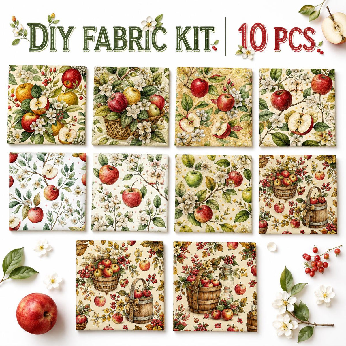 10Pc/Set Flower Fruit Series Fat Quarter Fabric, Pre-Cut Square Fabric Assort, Fabric Set, Craft Fabric, Handmade DIY Patchwork Fabric,Home Quilting Sewing Fabric, Packaging Fabric, Scrapbooking Craft Hobbyist