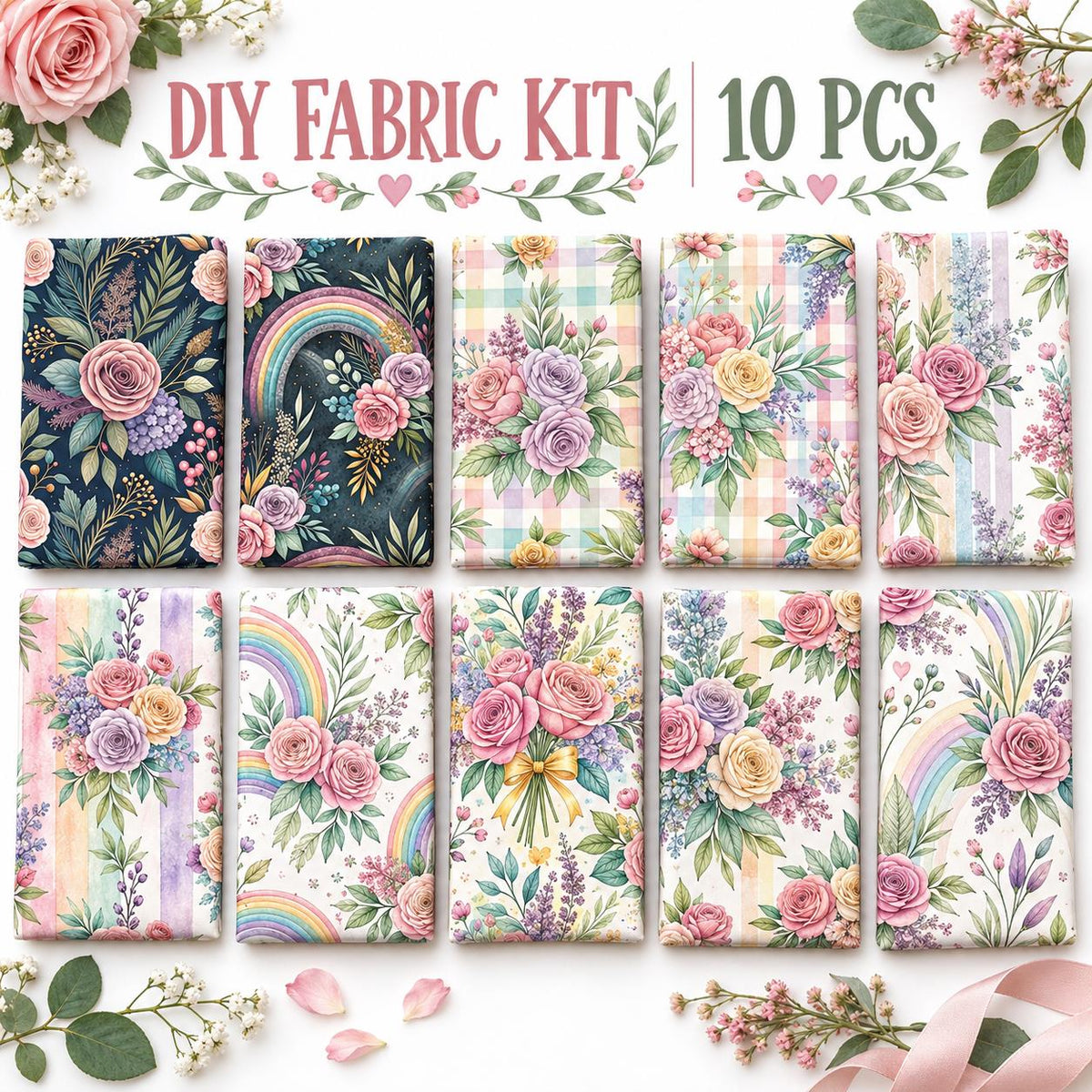 10Pc/Set Flower Plaid Series Fat Quarter Fabric, Pre-Cut Square Fabric Assort, Fabric Set, Craft Fabric, Handmade DIY Patchwork Fabric,Home Quilting Sewing Fabric, Packaging Fabric, Scrapbooking Craft Hobbyist