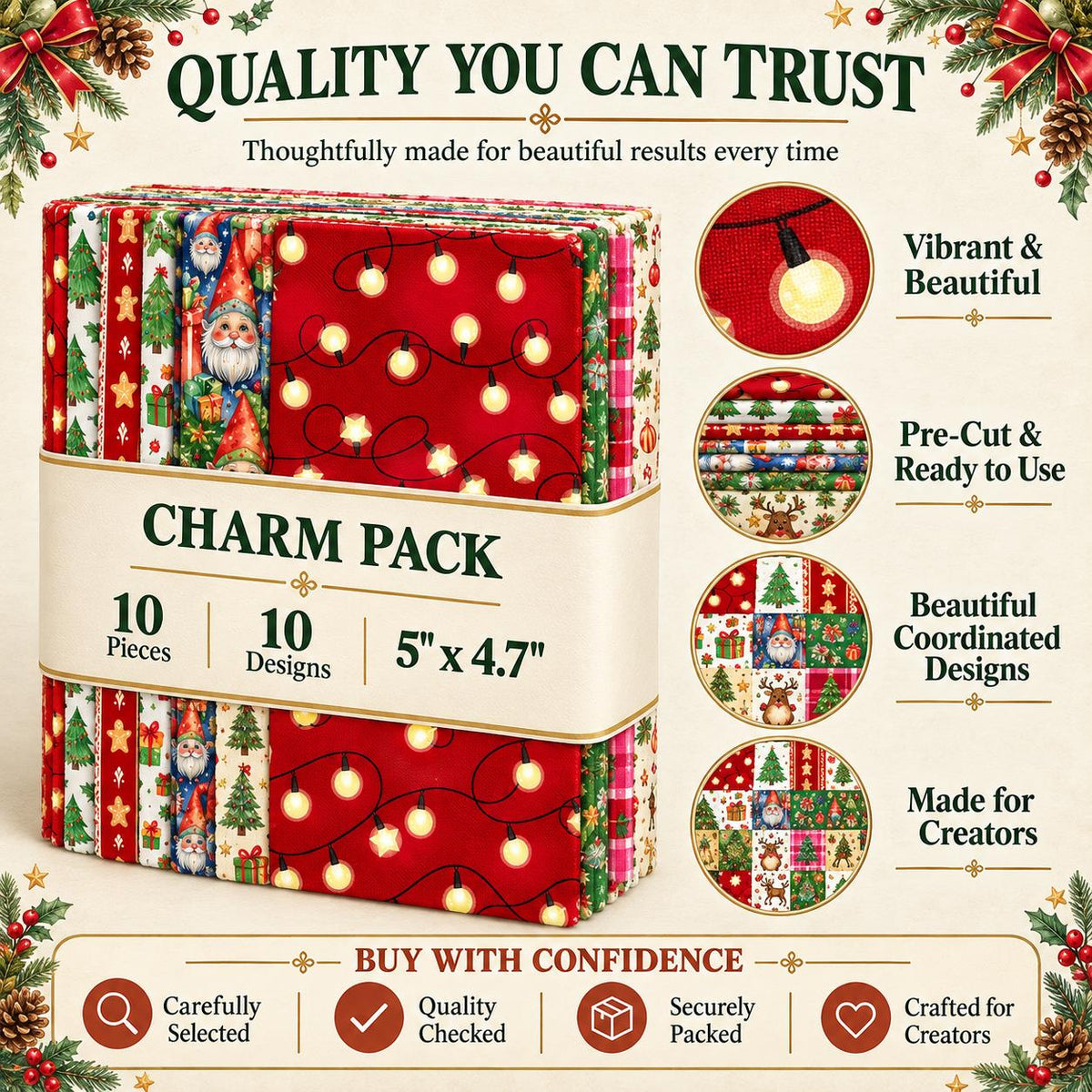 10Pc/Set Christmas Series Star Plaid Deer Santa Claus Crutch Fat Quarter Fabric, Pre-Cut Square Fabric Assort, Fabric Set, Craft Fabric, Handmade DIY Patchwork Fabric,Home Quilting Sewing Fabric, Packaging Fabric, Scrapbooking Craft Hobbyist