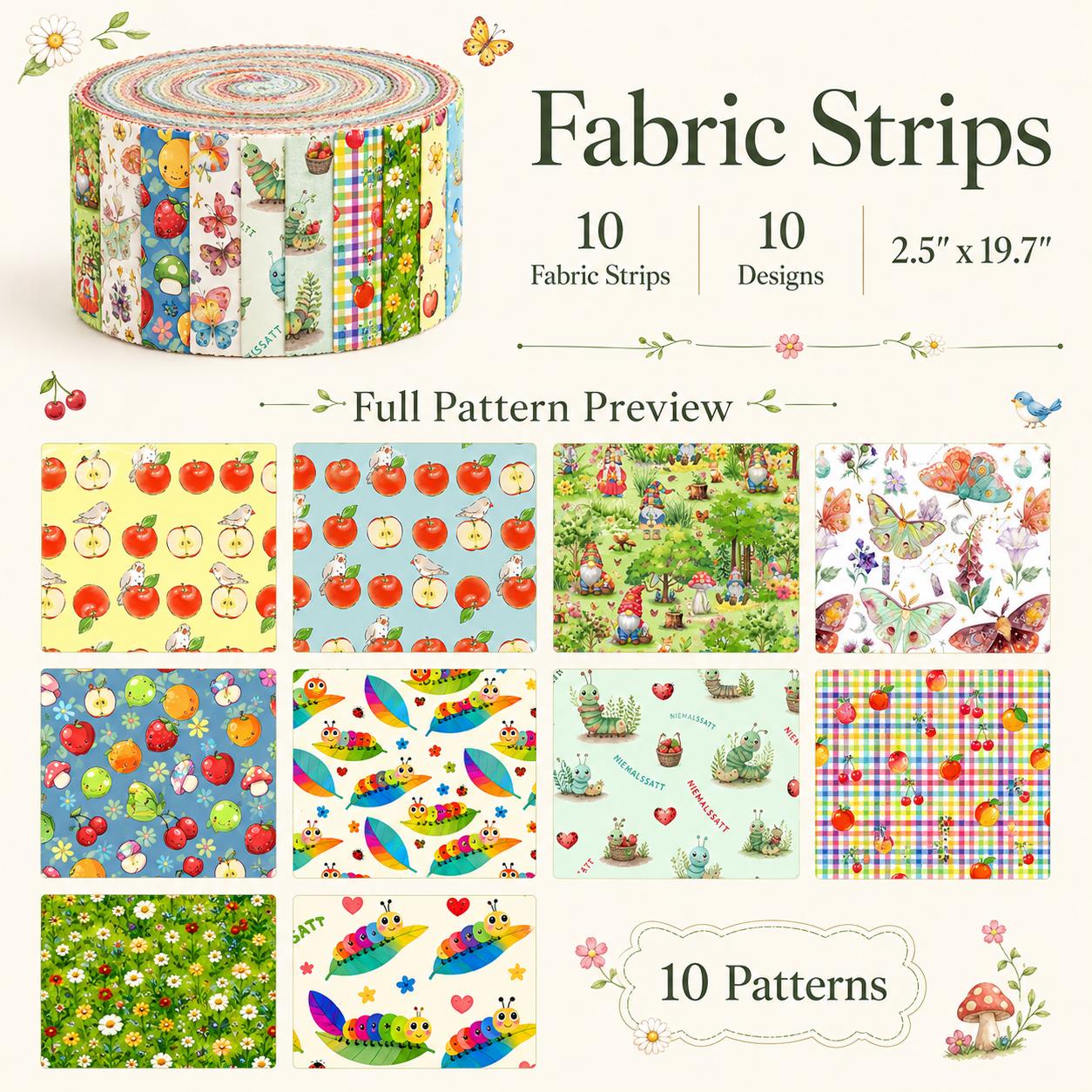 10Pc/Set, Making 10 Images 1pc Each, Each Size: 6.3*50cm Floral Apple Caterpillar Series Sliced Fabric Set Style Combination, Polyester Jelly Roll Fabric Strips, Pre-Cut Quilting Squares, For Quilting DIY, Handicrafts And Sewing, Blankets, Rugs