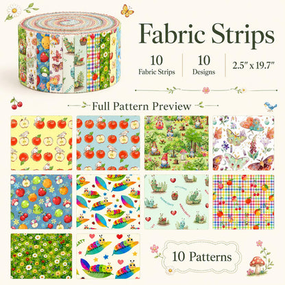 10Pc/Set, Making 10 Images 1pc Each, Each Size: 6.3*50cm Floral Apple Caterpillar Series Sliced Fabric Set Style Combination, Polyester Jelly Roll Fabric Strips, Pre-Cut Quilting Squares, For Quilting DIY, Handicrafts And Sewing, Blankets, Rugs