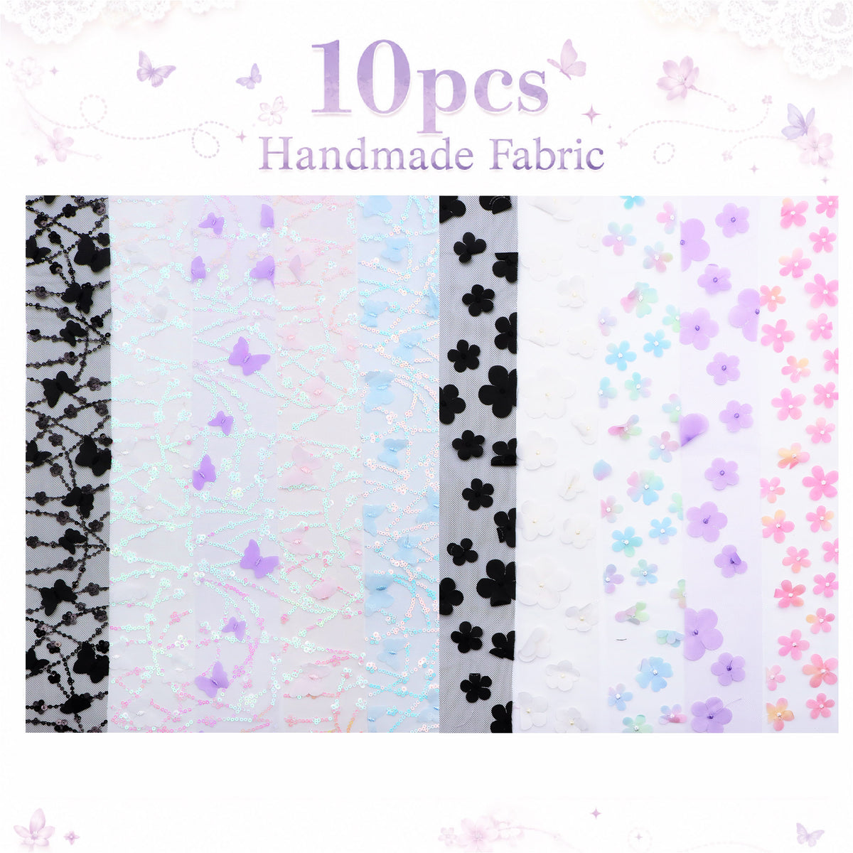 10Pc/Set, Making 10 Images 1pc Each, Each Size: 6.3*50cm Floral Butterfly Mesh Gauze Lace Series Sliced Fabric Set Style Combination, Polyester Jelly Roll Fabric Strips, Pre-Cut Quilting Squares, For Quilting DIY, Handicrafts And Sewing, Blankets, Rugs, I