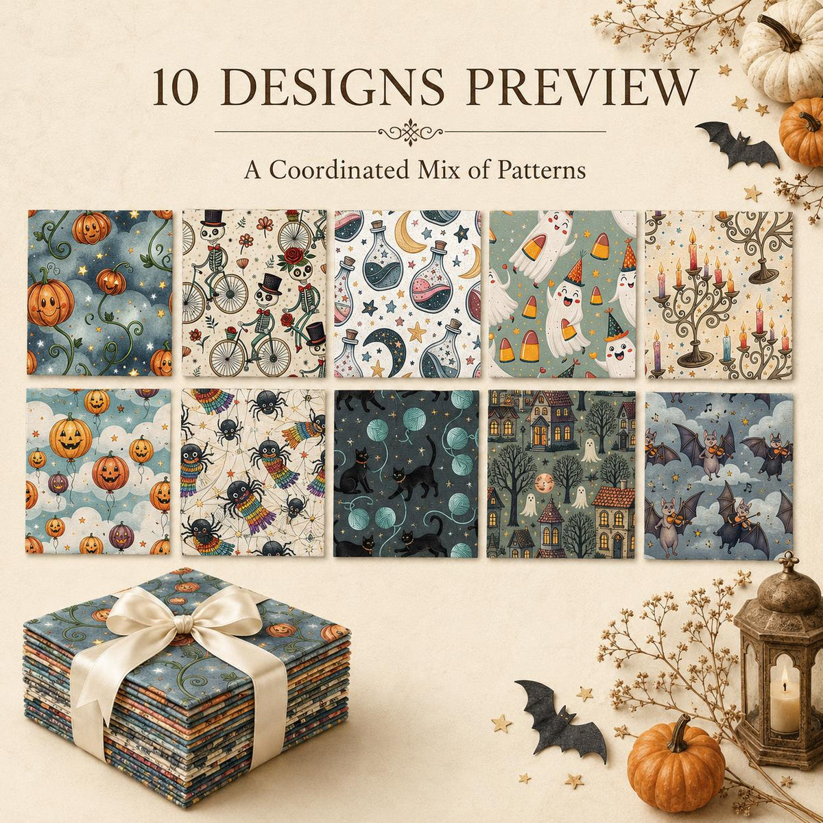 10Pc/Set Hallween Series Pumpkin Cat Moon Spider Bat Fat Quarter Fabric, Pre-Cut Square Fabric Assort, Fabric Set, Craft Fabric, Handmade DIY Patchwork Fabric,Home Quilting Sewing Fabric, Packaging Fabric, Scrapbooking Craft Hobbyist