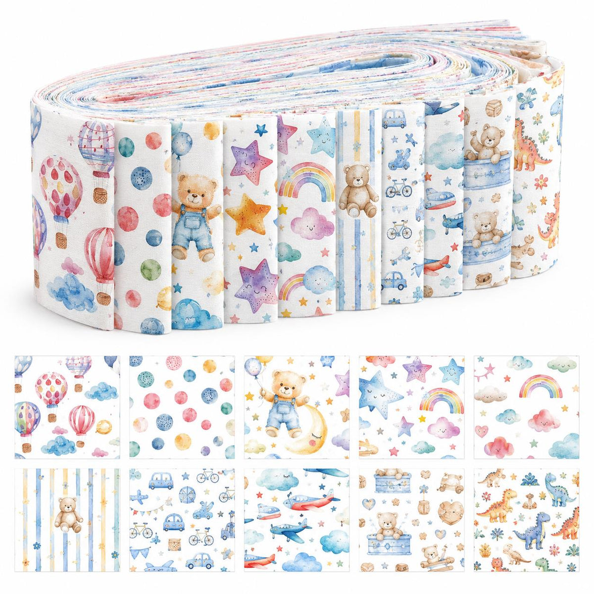 10pcs Vintage Star Bear Fire Balloon Pattern Jelly Roll Fabric Strips 2.5X19.7inch Pre-Cut 100% Polyester For Patchwork Quilts, Table Runners, Placemats, Tote Bags, Storage Pouches, Makeup Bags, Coasters, Quilt Blocks & Binding