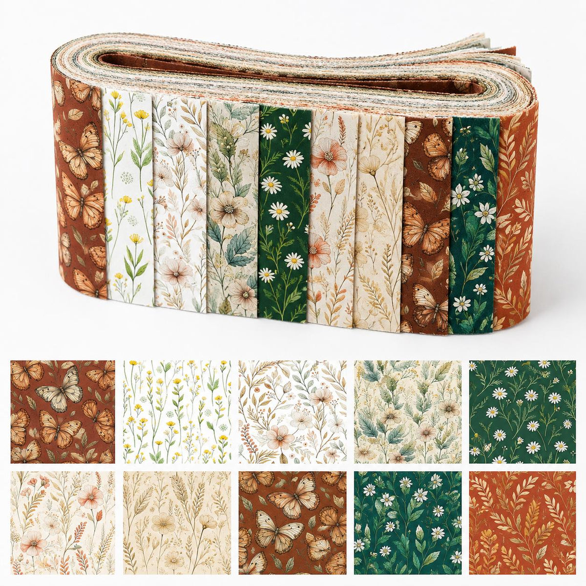 10pcs Vintage Floral Pattern Jelly Roll Fabric Strips 2.5X19.7inch Pre-Cut 100% Polyester For Patchwork Quilts, Table Runners, Placemats, Tote Bags, Storage Pouches, Makeup Bags, Coasters, Quilt Blocks & Binding