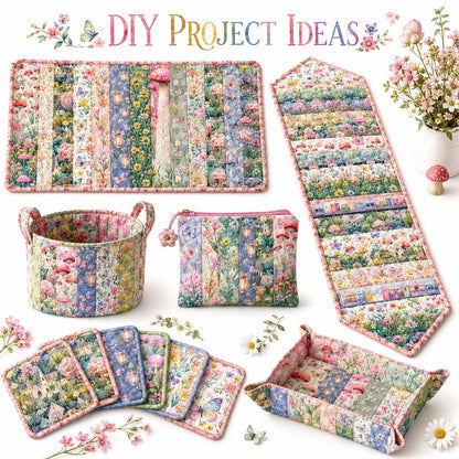 10pcs Vintage Floral Mushroom Spring Pattern Jelly Roll Fabric Strips 2.5X19.7inch Pre-cut 100% Polyester for Patchwork Quilts, Table Runners, Placemats, Tote Bags, Storage Pouches, Makeup Bags, Coasters, Quilt Blocks & Binding