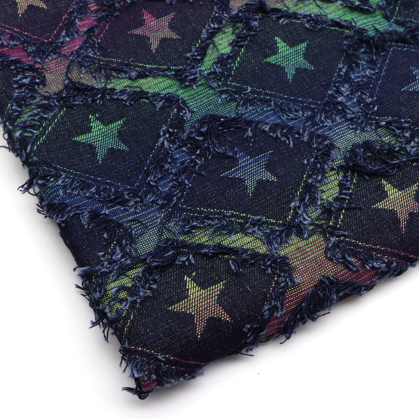 1Pc Plaid Grid Star Pattern Distressed Denim Fabric with Tassels,68.5x19.68inch Pre-cut 100% Polyester Fabric,Luxury Vintage Style,Hand Wash Only,Ideal for DIY Crafts, Bags & Sewing Projects,Hats,Sewing Supplies for Crafts