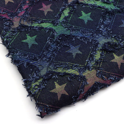 1Pc Plaid Grid Star Pattern Distressed Denim Fabric with Tassels,68.5x19.68inch Pre-cut 100% Polyester Fabric,Luxury Vintage Style,Hand Wash Only,Ideal for DIY Crafts, Bags & Sewing Projects,Hats,Sewing Supplies for Crafts