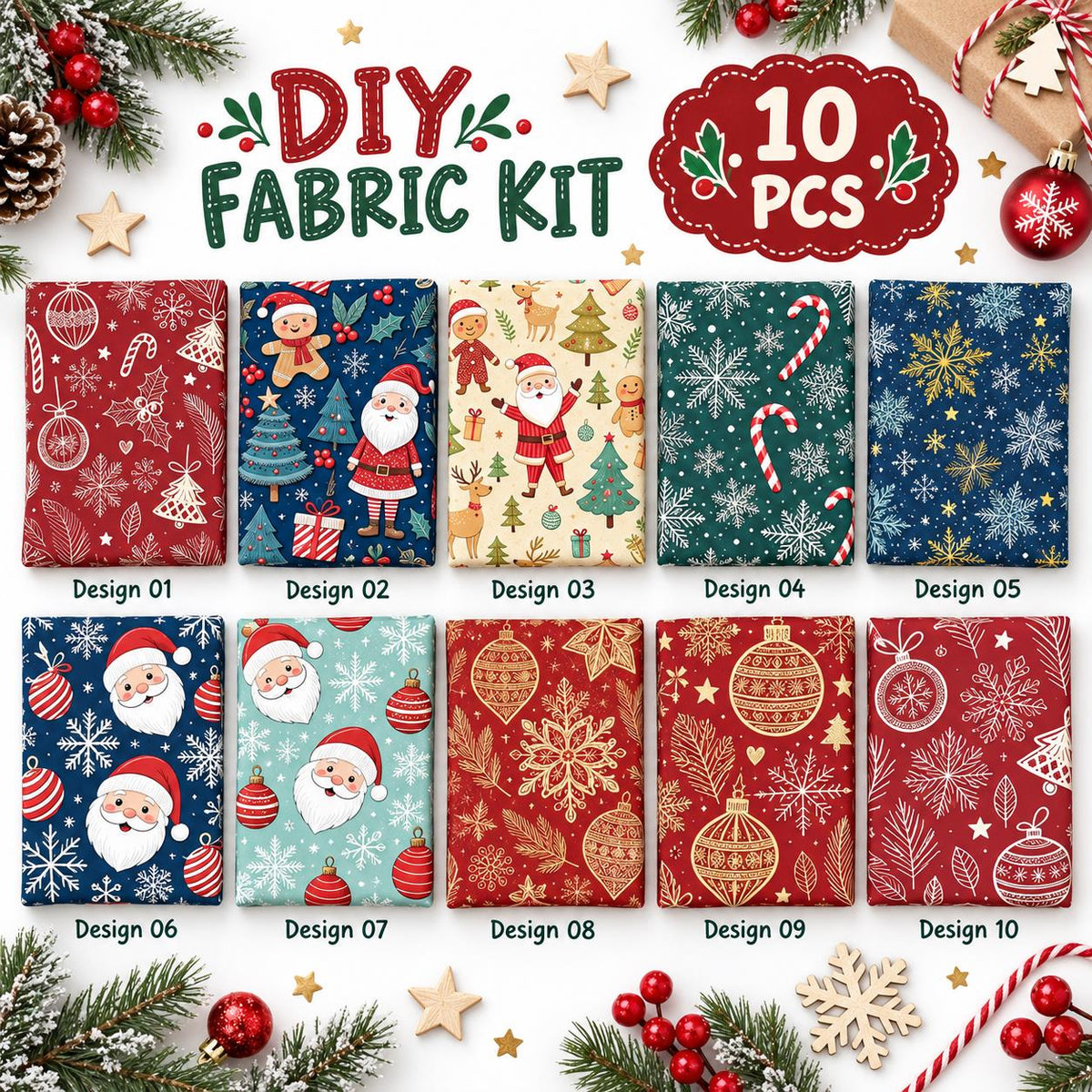 10Pc/Set Christmas Series Star Deer Santa Claus Holly Crutch Fat Quarter Fabric, Pre-Cut Square Fabric Assort, Fabric Set, Craft Fabric, Handmade DIY Patchwork Fabric,Home Quilting Sewing Fabric, Packaging Fabric, Scrapbooking Craft Hobbyist
