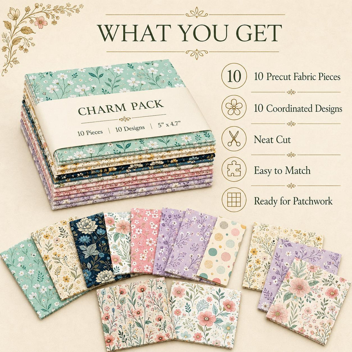 10pcs Charm Pack Set Floral Pattern Vintage Style Handmade DIY with Rich Color and Texture Elements 100% Polyester Patchwork in 10 Design Styles Suitable for Patchwork DIY Craft Projects DIY Wallet Making Gift Giving Bag Making Mother's Day Gift