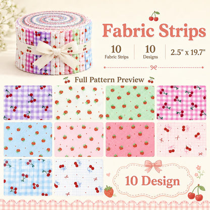 10Pc/Set, Making 10 Images 1pc Each, Each Size: 6.3*50cm Cherry Strawberry Fruit Series Sliced Fabric Set Style Combination, Polyester Jelly Roll Fabric Strips, Pre-Cut Quilting Squares, For Quilting DIY, Handicrafts And Sewing, Blankets, Rugs