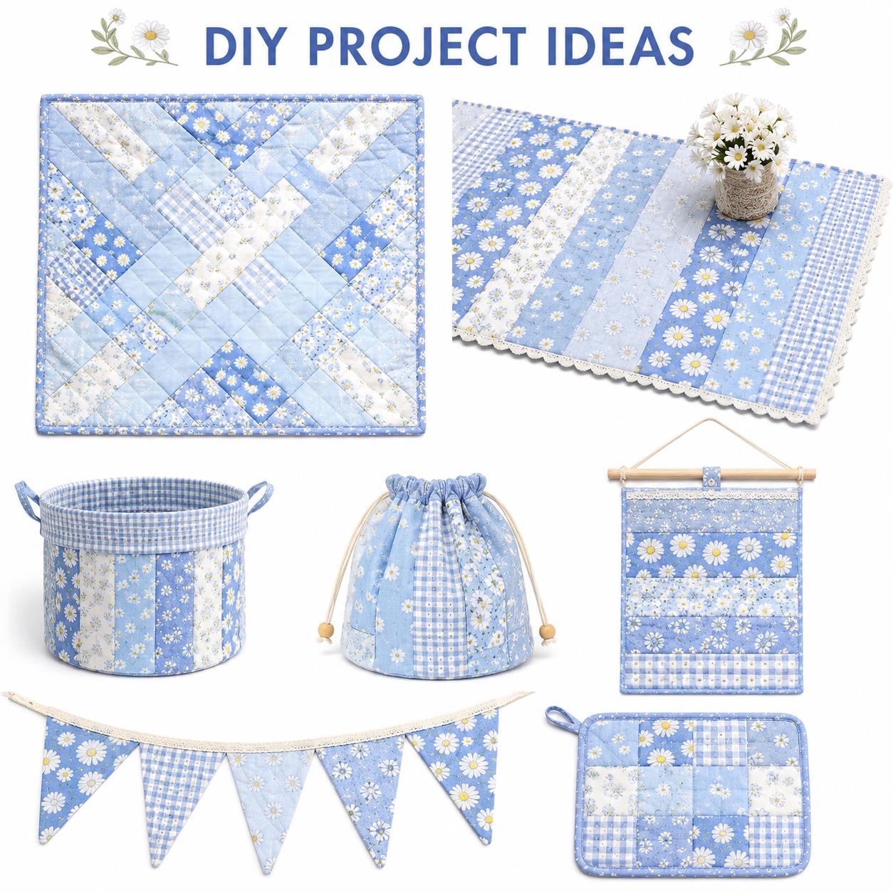 10Pc/Set, Making 10 Images 1pc Each, Each Size: 6.3*50cm Daisy Floral Blue Series Sliced Fabric Set Style Combination, Polyester Jelly Roll Fabric Strips, Pre-Cut Quilting Squares, For Quilting DIY, Handicrafts And Sewing, Blankets, Rugs