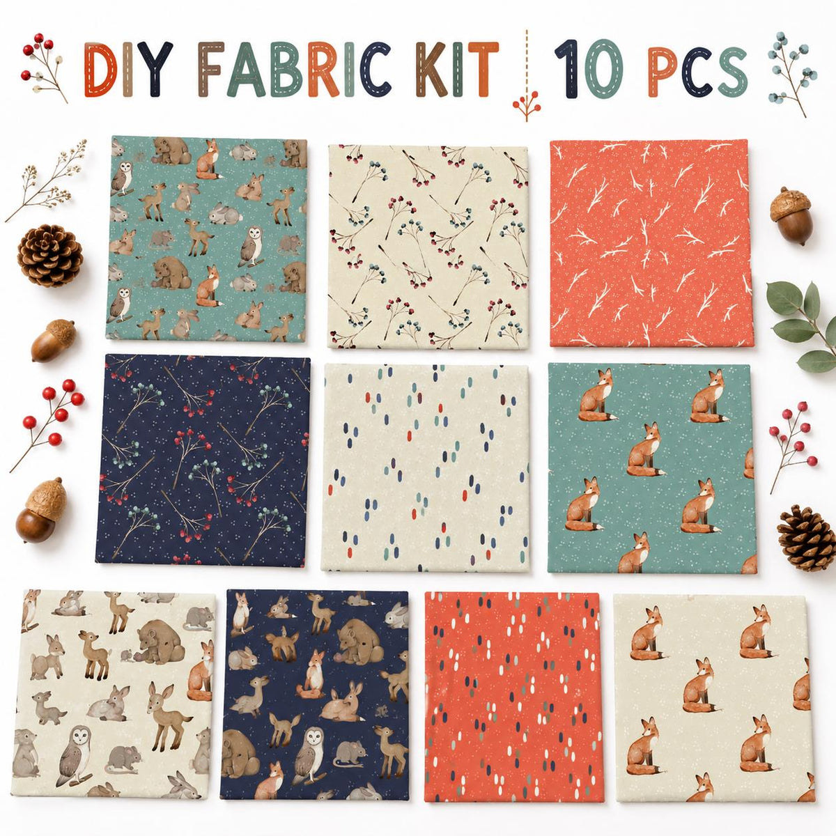 10pcs Charm Pack Set Fox Owl Bunny Pattern 100% Polyester Patchwork in 10 Design Styles, Ready-to-Sew Without Cutting, Suitable For Patchwork Wallet Making Gift Giving Tote Bags Coasters DIY Craft Projects