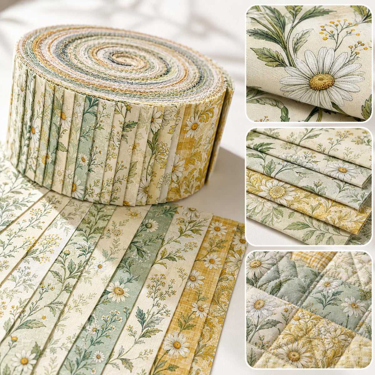 10pcs Vintage Daisy Floral Pattern Jelly Roll Fabric Strips 2.5X19.7inch Pre-Cut 100% Polyester For Patchwork Quilts, Table Runners, Placemats, Tote Bags, Storage Pouches, Makeup Bags, Coasters, Quilt Blocks & Binding