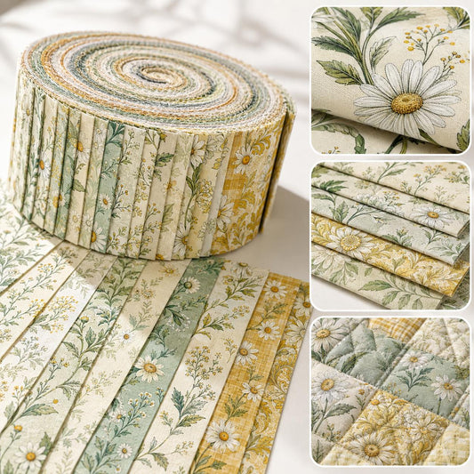 10pcs Vintage Daisy Floral Pattern Jelly Roll Fabric Strips 2.5X19.7inch Pre-Cut 100% Polyester For Patchwork Quilts, Table Runners, Placemats, Tote Bags, Storage Pouches, Makeup Bags, Coasters, Quilt Blocks & Binding