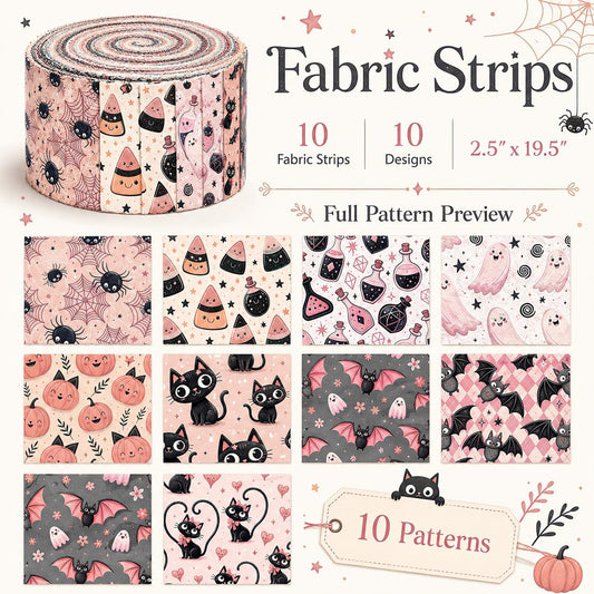 10pcs Vintage Ghost Skull Pumpkin Halloween Theme Jelly Roll Fabric Strips 2.5X19.7inch Pre-Cut 100% Polyester For Patchwork Quilts, Table Runners, Placemats, Tote Bags, Storage Pouches, Makeup Bags, Coasters, Quilt Blocks & Binding