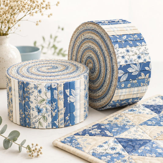 10pcs Vintage Blue Floral Pattern Jelly Roll Fabric Strips 2.5X19.7inch Pre-Cut 100% Polyester For Patchwork Quilts, Table Runners, Placemats, Tote Bags, Storage Pouches, Makeup Bags, Coasters, Quilt Blocks & Binding