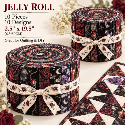 10pcs Vintage Candle Blood Flower Halloween Theme Jelly Roll Fabric Strips 2.5X19.7inch Pre-Cut 100% Polyester For Patchwork Quilts, Table Runners, Placemats, Tote Bags, Storage Pouches, Makeup Bags, Coasters, Quilt Blocks & Binding