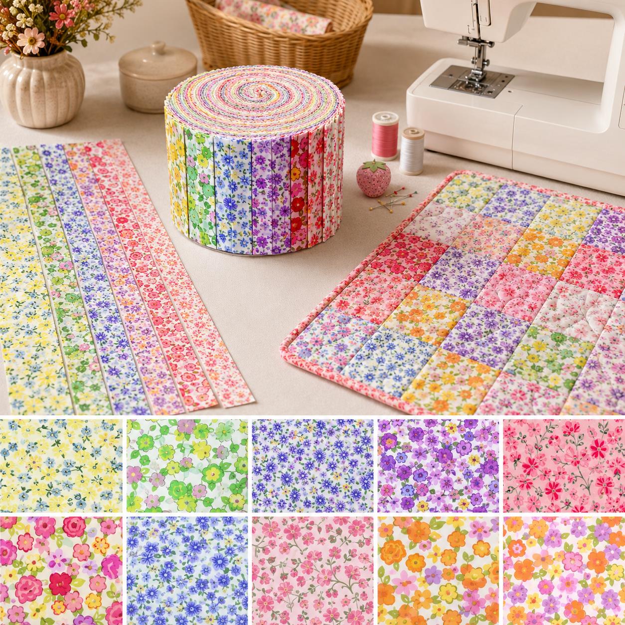 10Pc/Set, Making 10 Images 1pc Each, Each Size: 6.3*50cm Floral Series Sliced Fabric Set Style Combination, Polyester Jelly Roll Fabric Strips, Pre-Cut Quilting Squares, For Quilting DIY, Handicrafts And Sewing, Blankets, Rugs, Interior Decoration