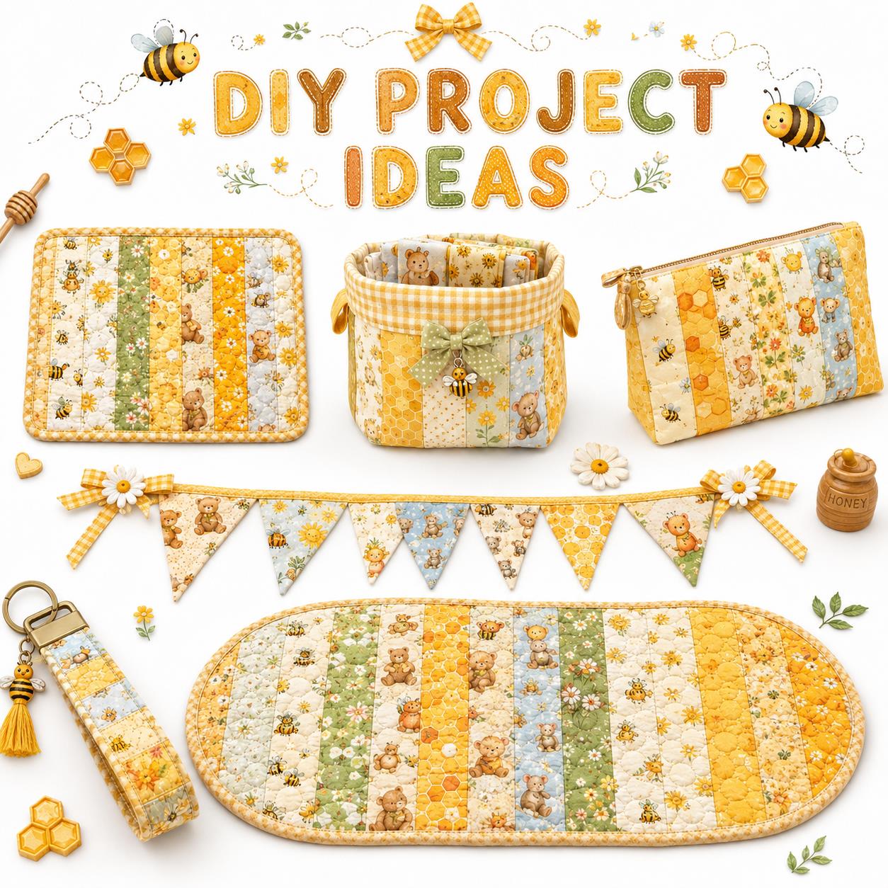 10Pc/Set, Making 10 Images 1pc Each, Each Size: 6.3*50cm Bear Honey Yellow Series Sliced Fabric Set Style Combination, Polyester Jelly Roll Fabric Strips, Pre-Cut Quilting Squares, For Quilting DIY, Handicrafts And Sewing, Blankets, Rugs