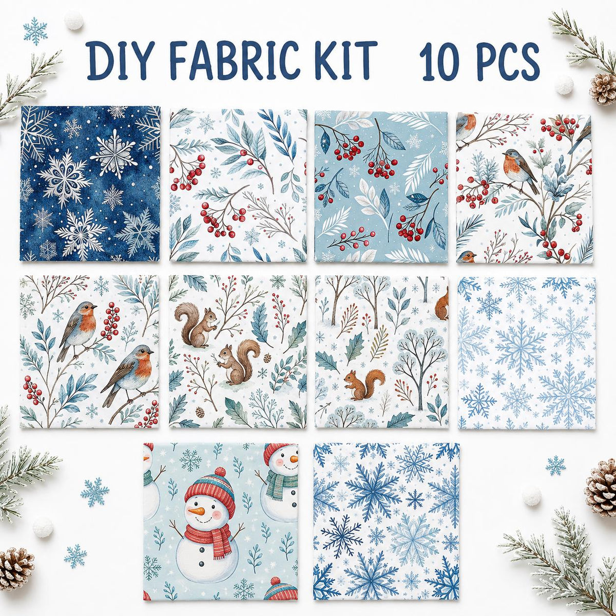 10Pc/Set Christmas Series Bird Squirrel Leaves Fat Quarter Fabric, Pre-Cut Square Fabric Assort, Fabric Set, Craft Fabric, Handmade DIY Patchwork Fabric,Home Quilting Sewing Fabric, Packaging Fabric, Scrapbooking Craft Hobbyist