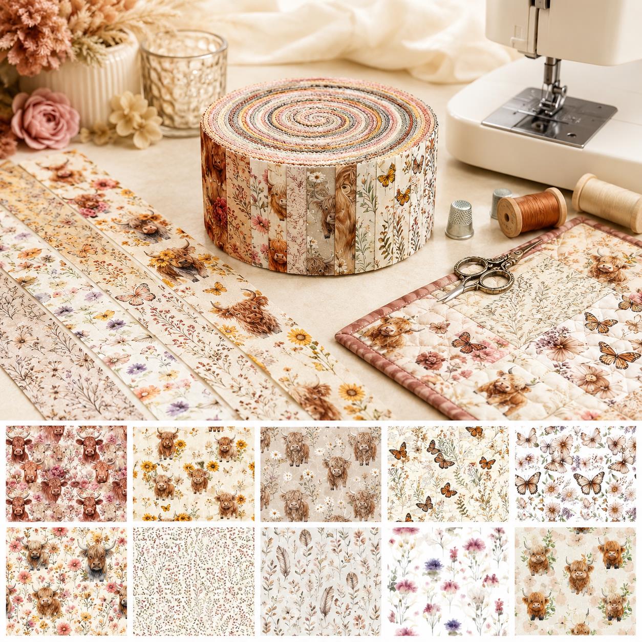 10Pc/Set, Making 10 Images 1pc Each, Each Size: 6.3*50cm Floral Butterfly Cow Series Sliced Fabric Set Style Combination, Polyester Jelly Roll Fabric Strips, Pre-Cut Quilting Squares, For Quilting DIY, Handicrafts And Sewing, Blankets, Rugs